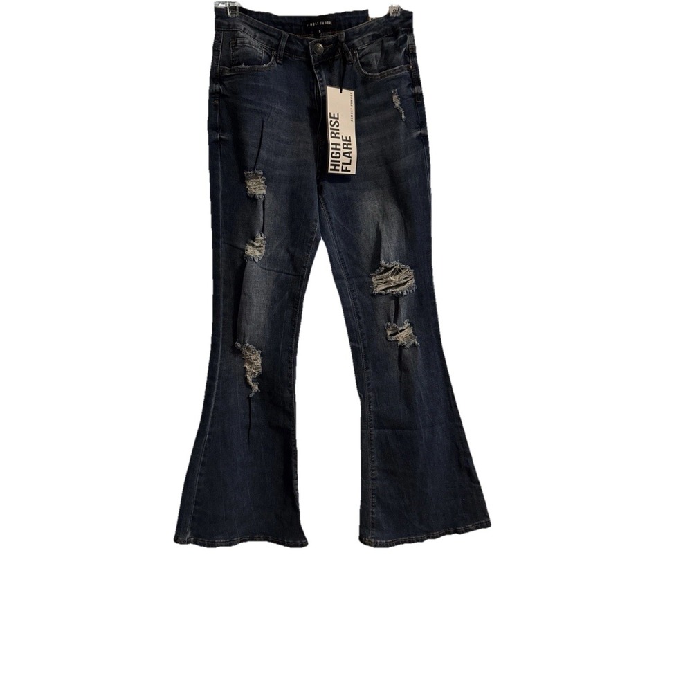 Almost Famous Womens Distressed High Rise Bell Bottom Legs Jeans Size 9 NWT Blue